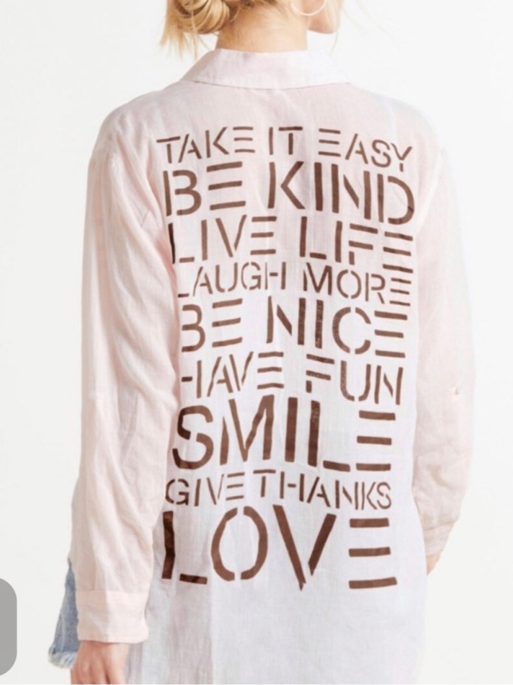Sundry Light Pink Button-Down Shirt with Positive Message Back - Picture 1 of 7